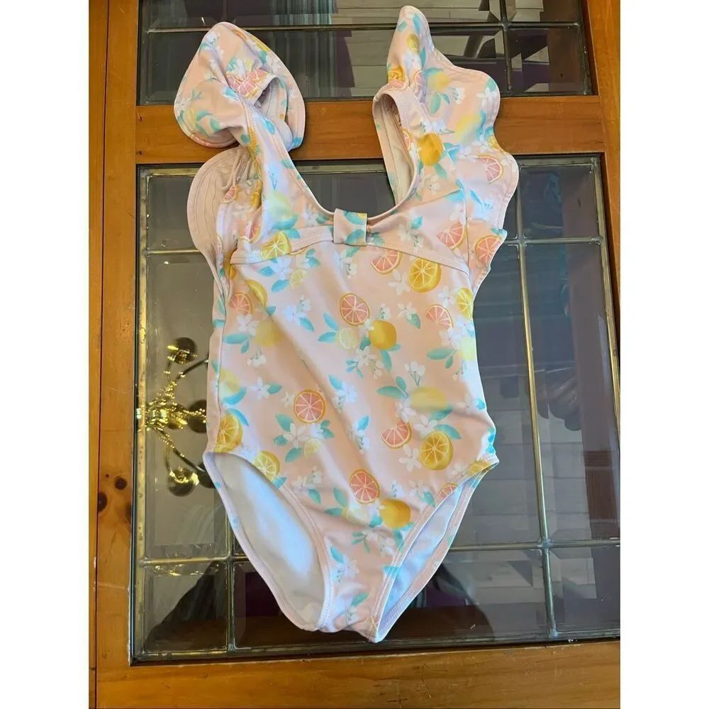 Janie and Jack Girls Citrus Floral Ruffle Sleeve Swimsuit Multicolor Size 6